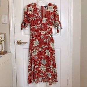 Jessica Simpson Cecilia Midi Red Floral Short Tie Sleeve Dress Size Small